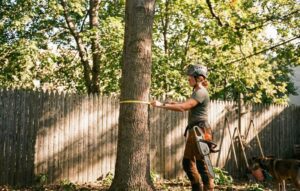 Arborist measuring tree trunk circumference to estimate age without cutting it down.