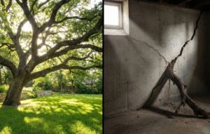 Large tree roots from neighbor's yard causing cracks in concrete basement foundation.