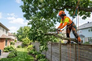 A professional arborist demonstrating cutting neighbors tree branches legally over a residential fence.