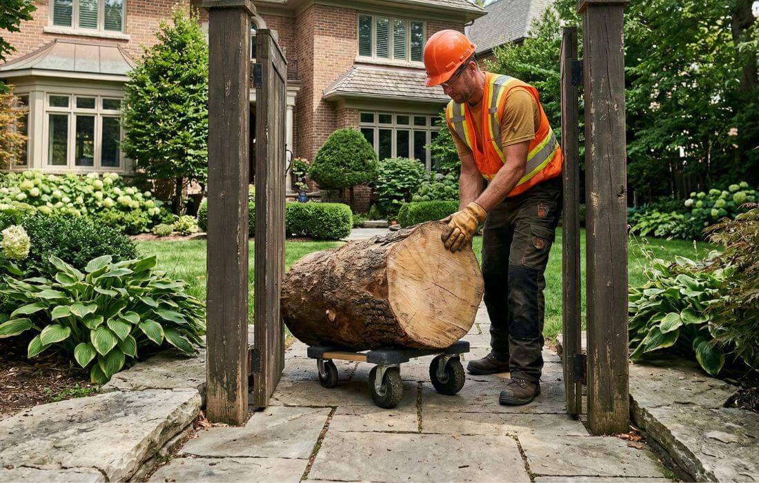 A worker manually hauling heavy timber through a narrow gate, which increases professional tree extraction prices.