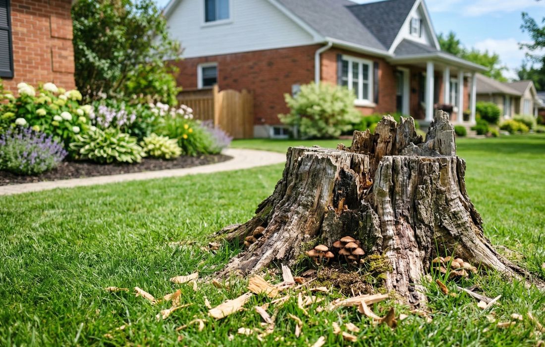leave a tree stump in your yard risks A decaying tree stump left in a green yard showing early signs of fungal growth and pest attraction.