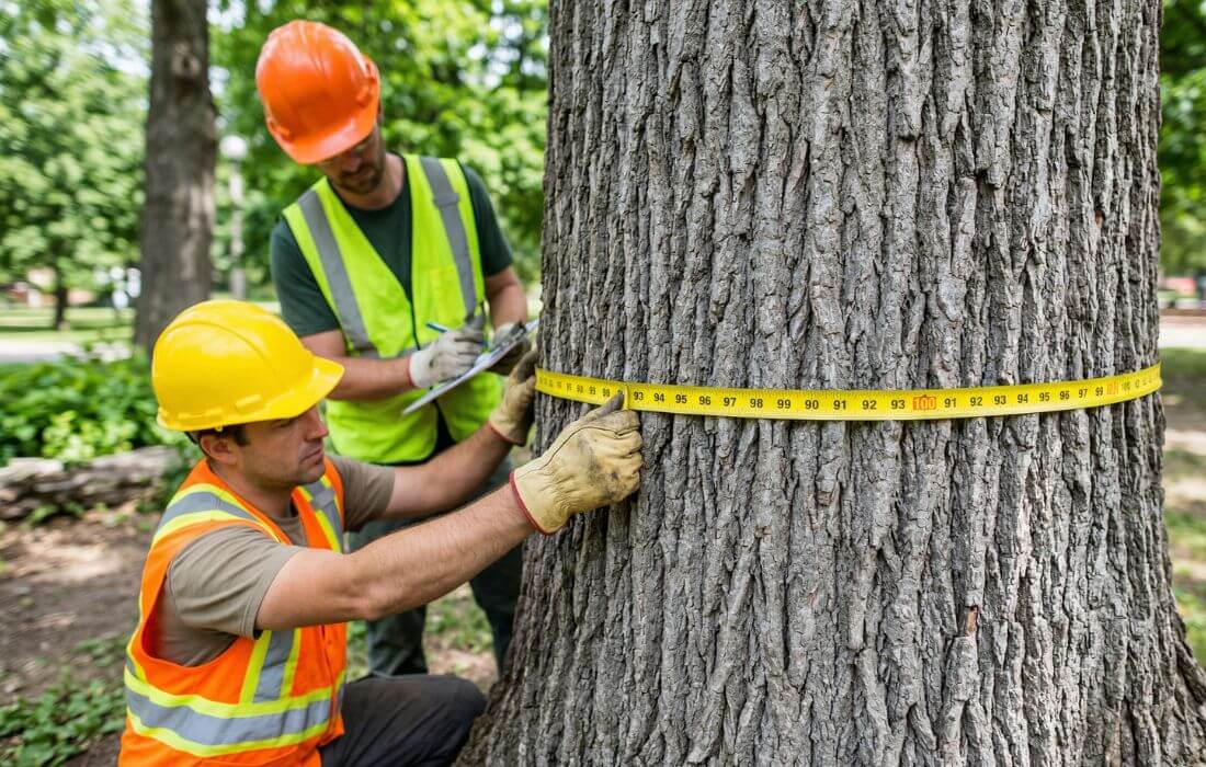 Workers measuring the diameter of a massive trunk to calculate tree clearing expenses.