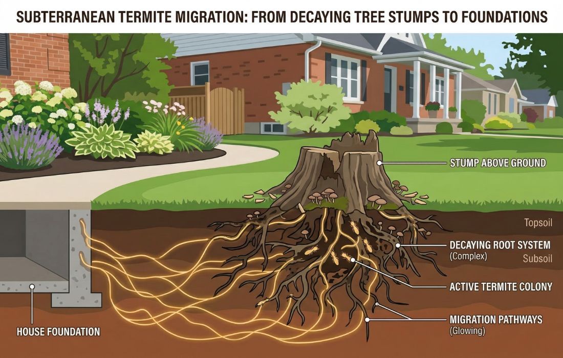 pest risks leave a tree stump in your yard An educational diagram showing how pests travel from rotting roots to a house when you leave a tree stump in your yard.