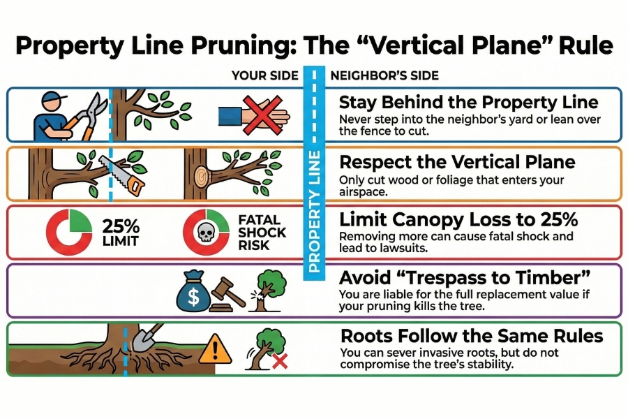 property line tree laws explaining the vertical plane rule for trimming overhanging branches safely.