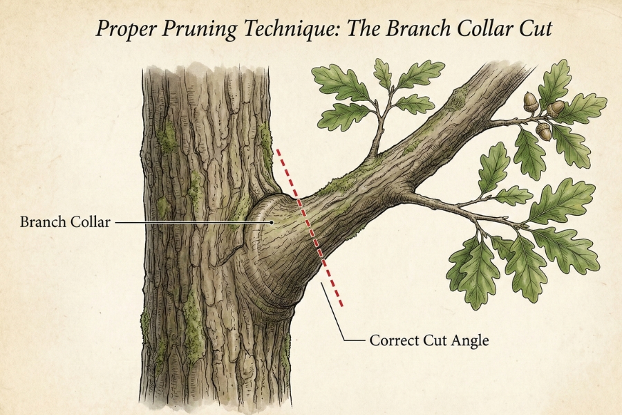 How to make proper cuts when pruning encroaching foliage to avoid damaging the tree.