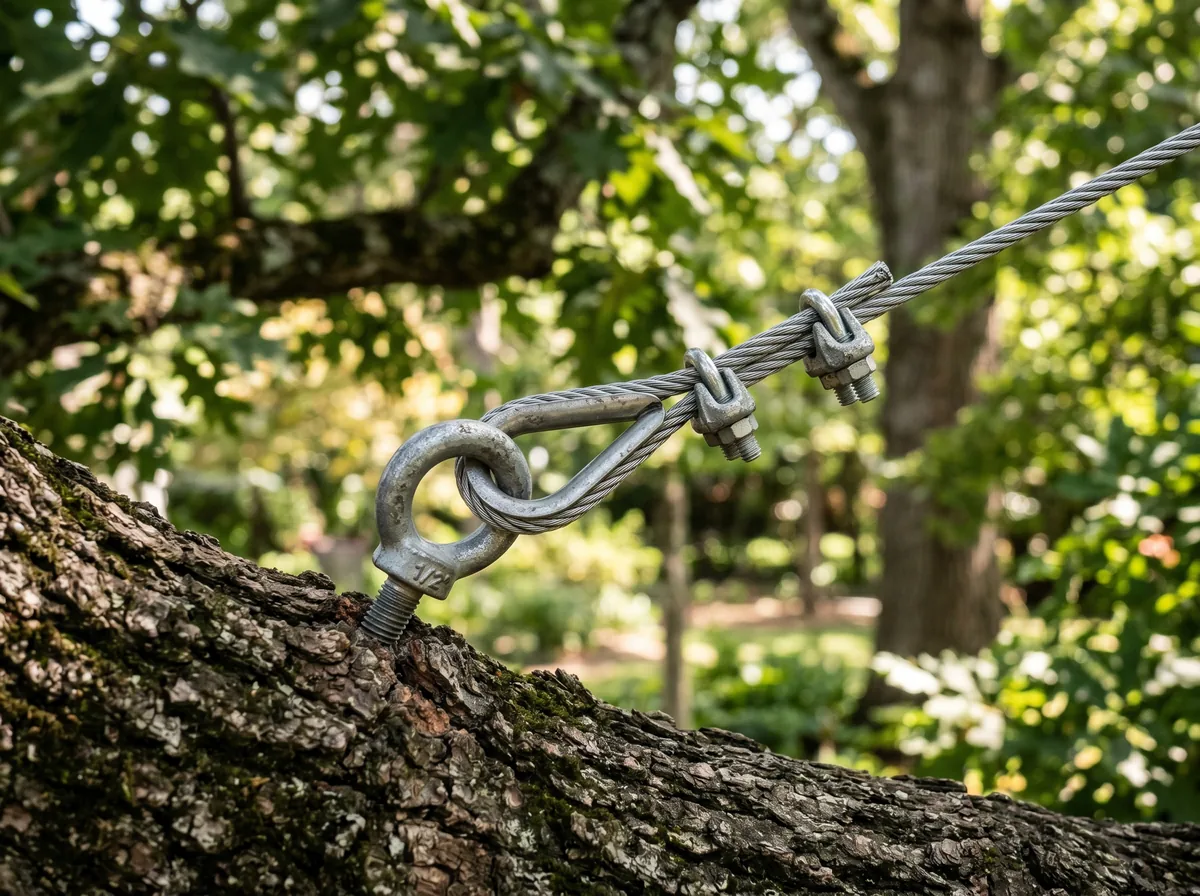 Close-up of steel cable and eyebolt hardware installed on a tree branch as part of a cabling support system