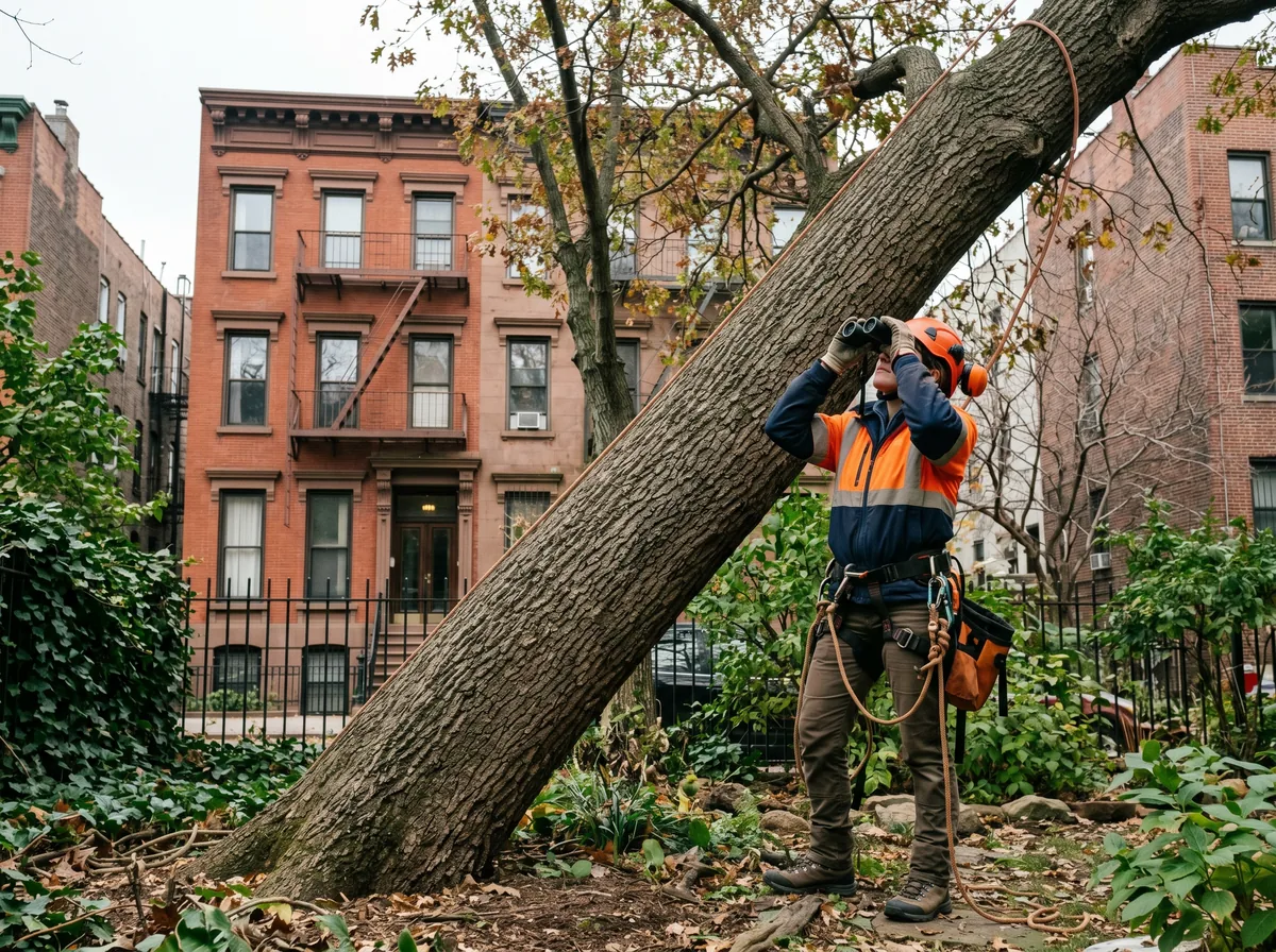 Certified arborist assessing a leaning tree in NYC residential backyard to determine if cabling is viable