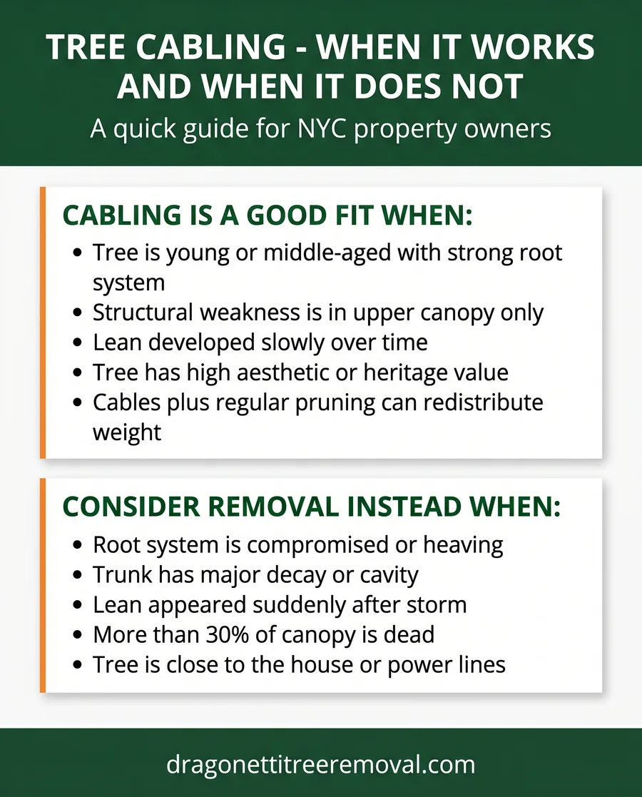 Tree cabling decision guide infographic showing when cabling works and when tree removal is the better option for NYC homeowners
