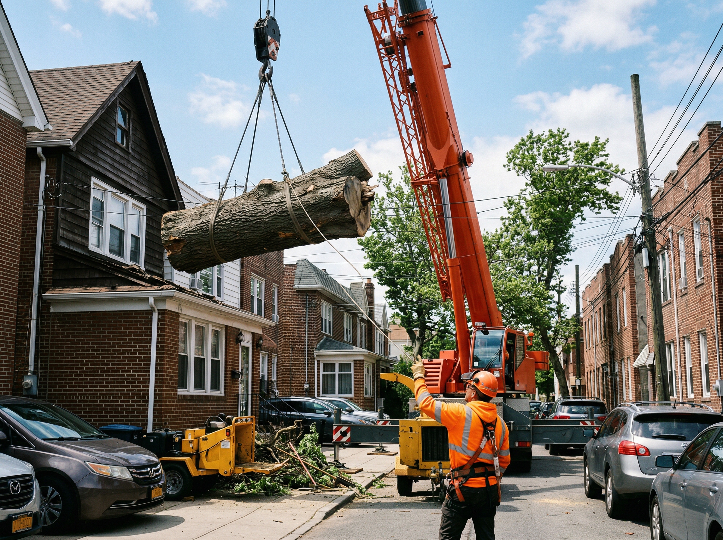 Mobile crane lifting a heavy section of tree trunk off a NYC residential roof