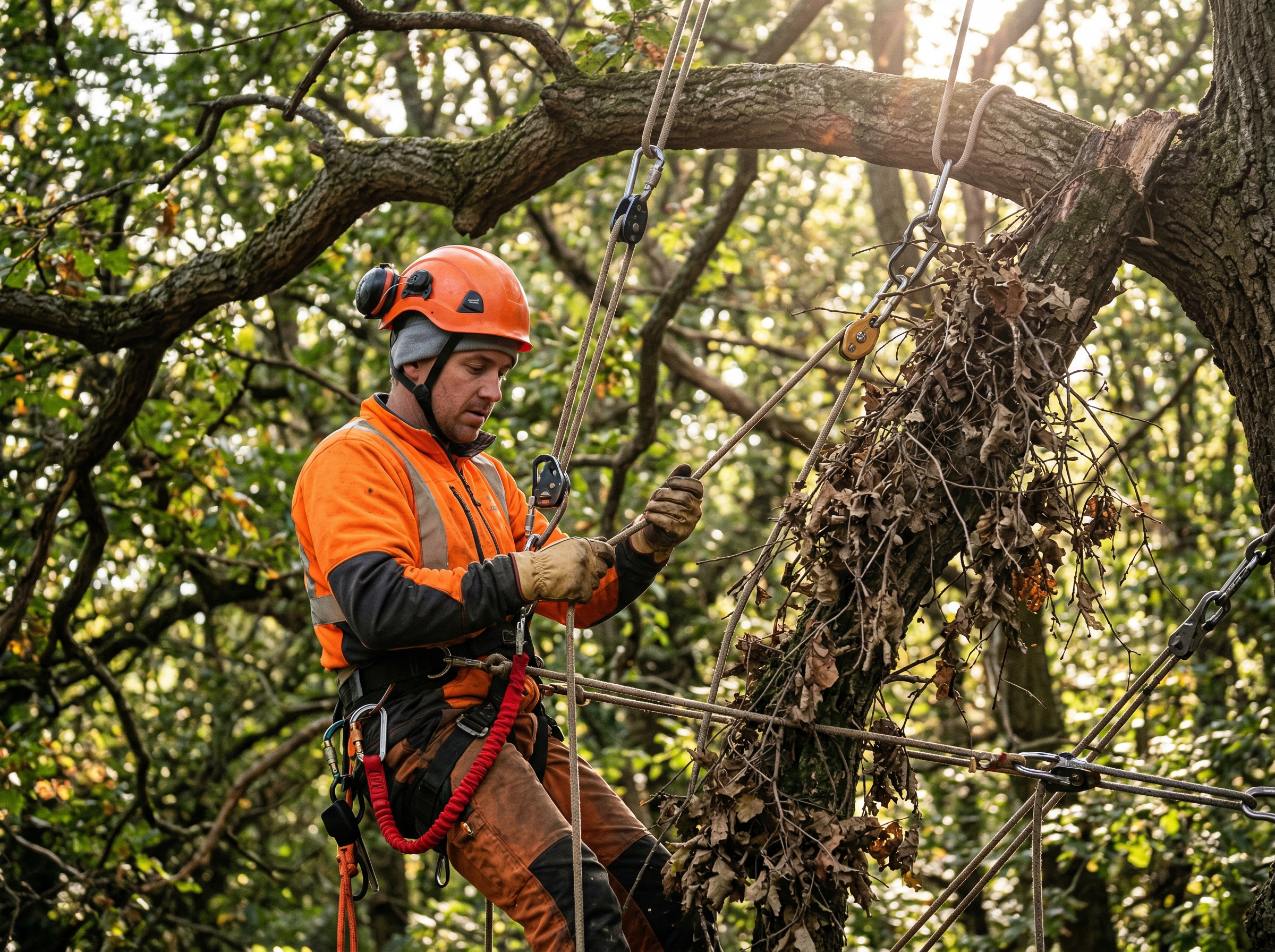Arborist climber rigging a hung up widow maker branch in a NYC tree