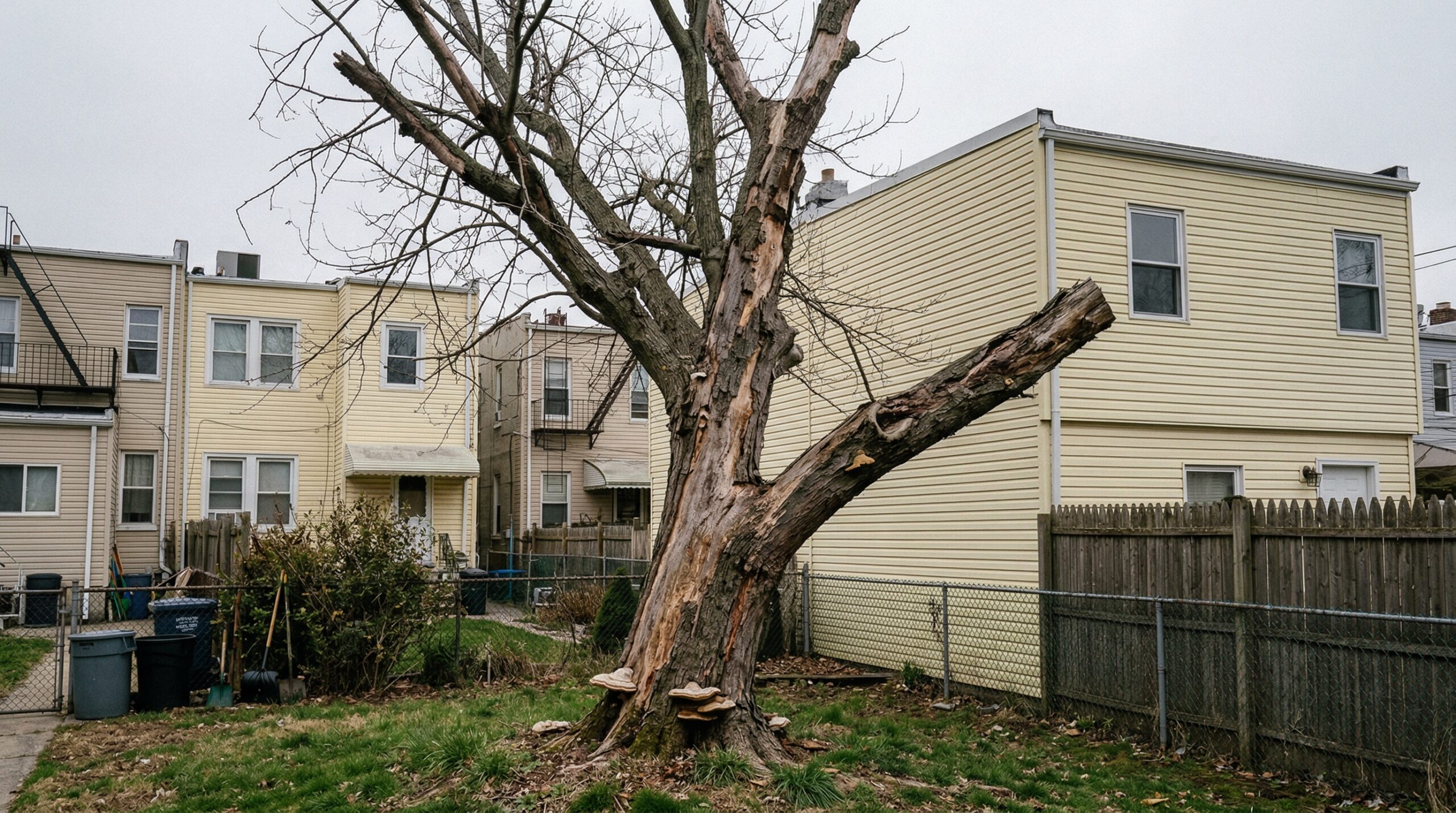 Large dying tree with dead branches and base conks leaning toward a neighbors fence in Queens NYC