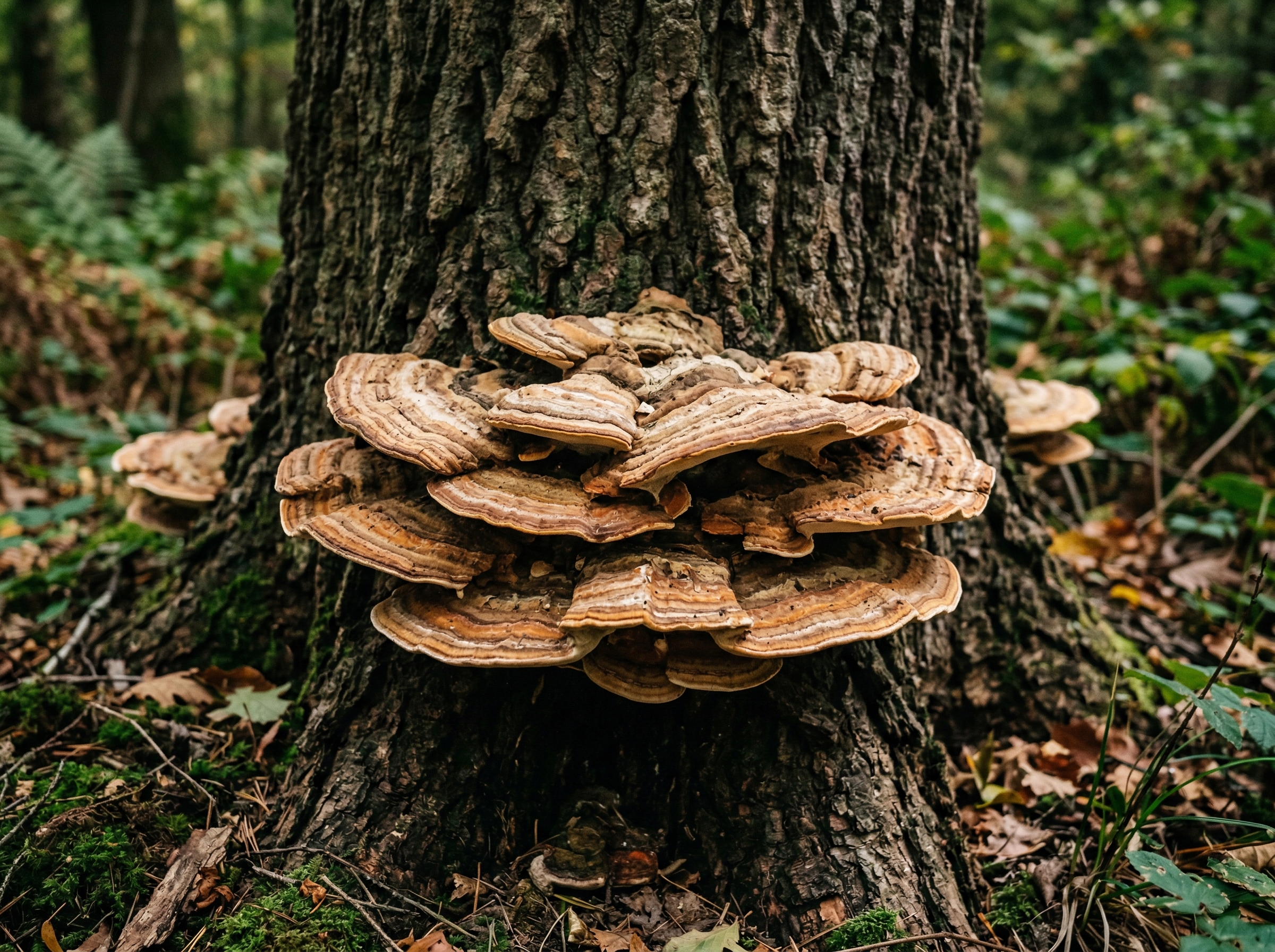 Close-up of shelf fungi conks growing at the base of a mature tree trunk indicating internal decay