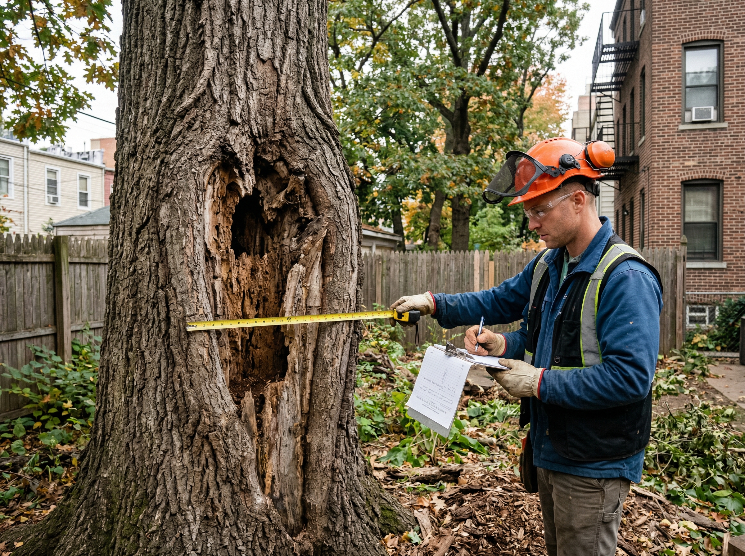 Certified arborist inspecting a tree trunk cavity and writing a hazard report in a NYC backyard