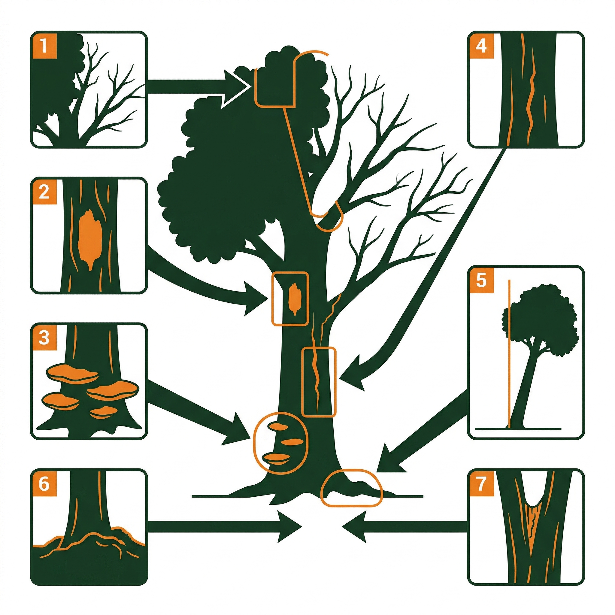 Infographic showing seven visible warning signs of a hazardous tree under NYC liability standards