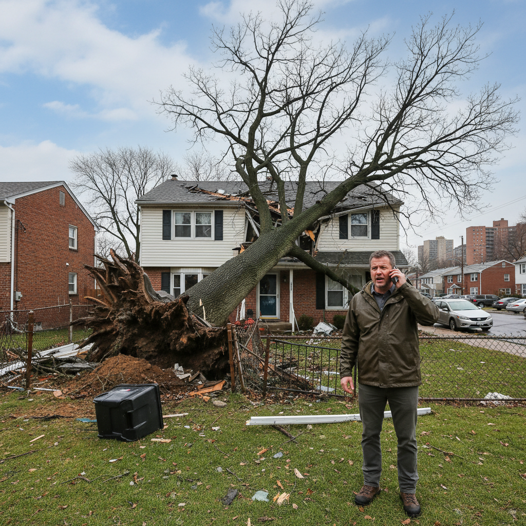 NYC homeowner calling insurance company after tree falls on house