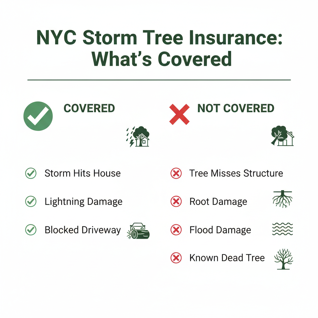 NYC Storm Tree Insurance coverage guide showing what is covered vs not covered