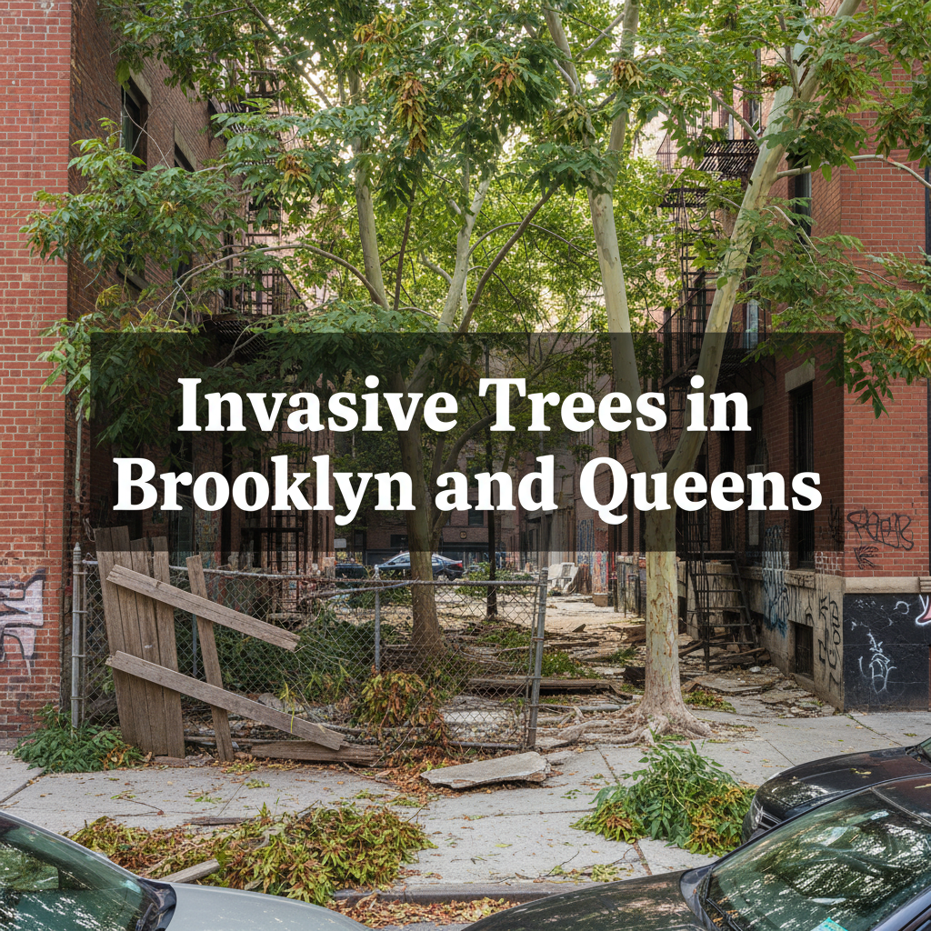 Invasive tree of heaven growing aggressively through Brooklyn urban environment