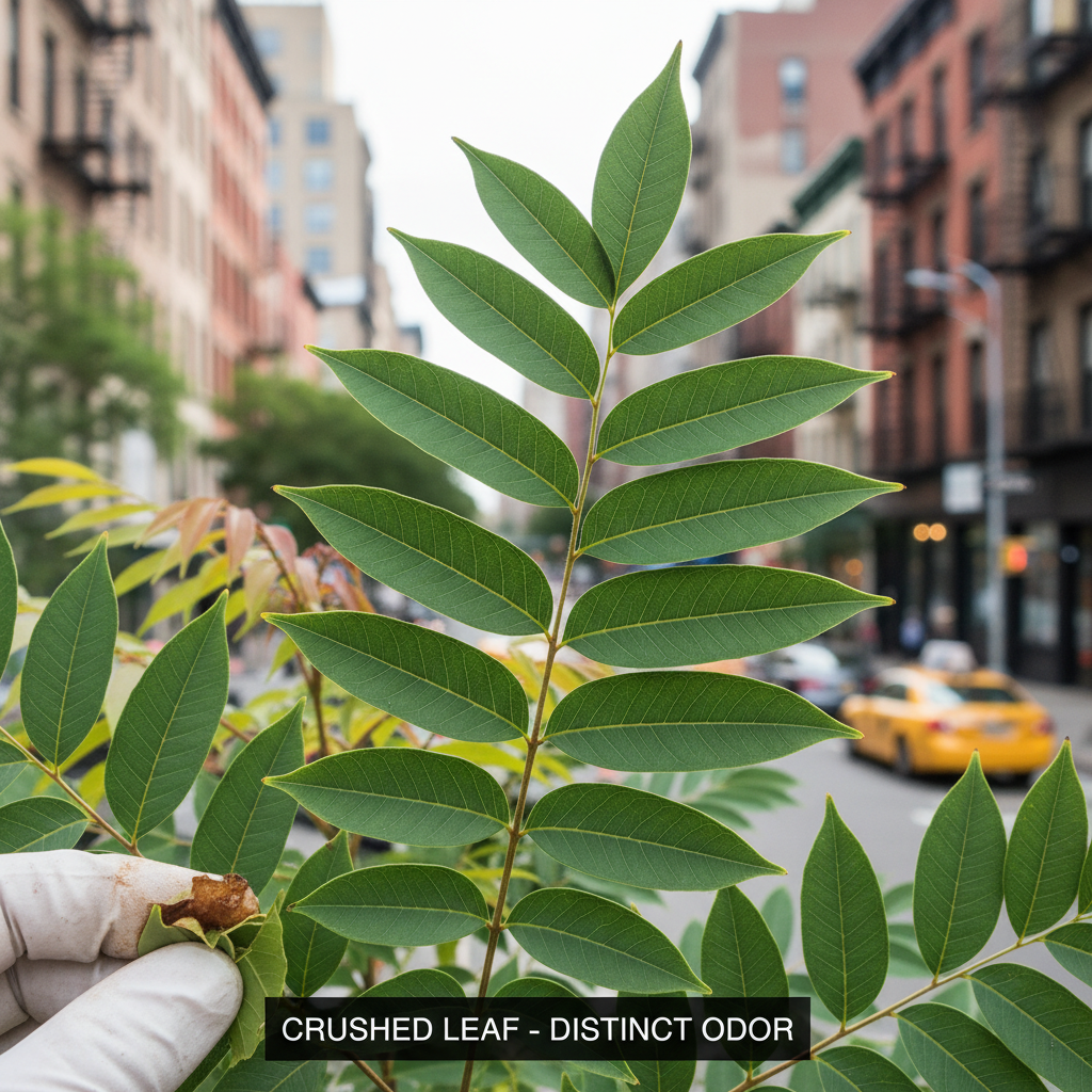 Close-up identification of Tree of Heaven compound leaves Ailanthus altissima NYC