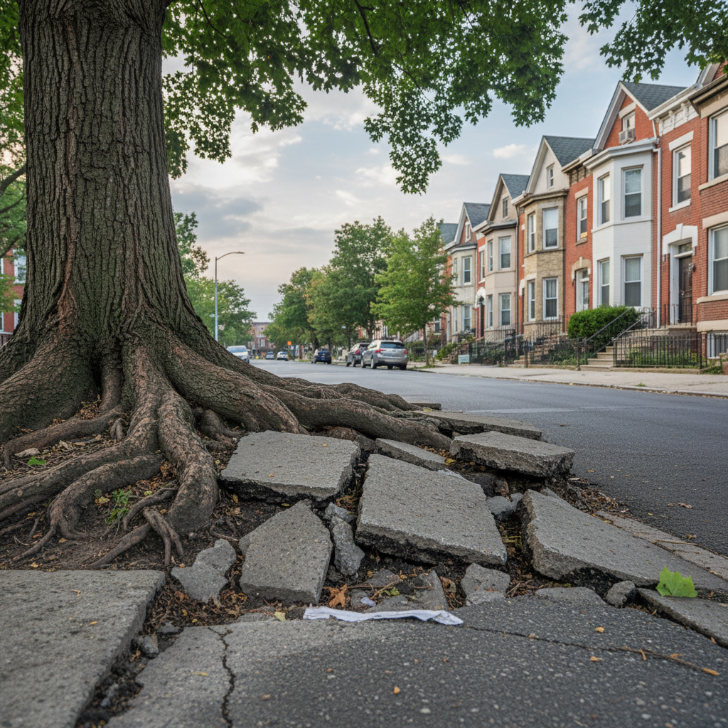 Norway maple tree roots lifting and cracking sidewalk in Queens residential street