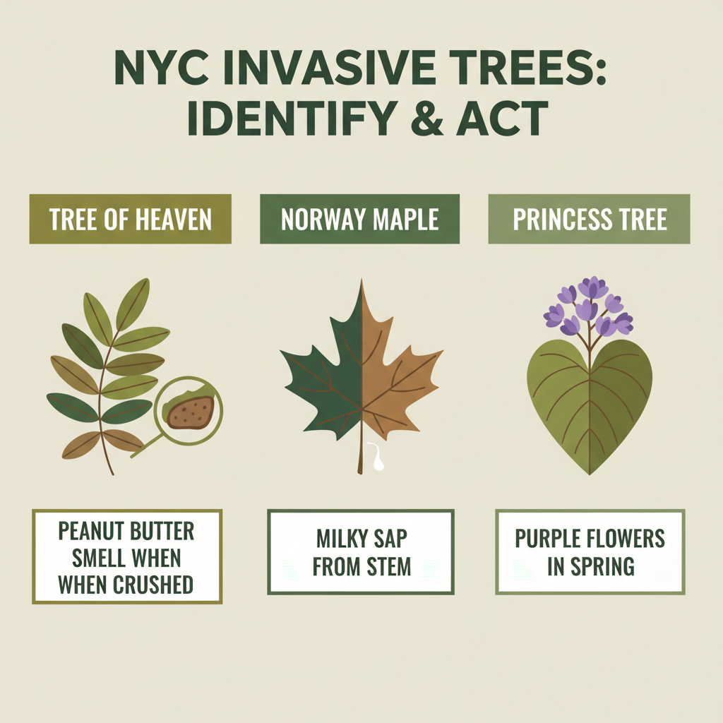 NYC Invasive Trees identification guide: Tree of Heaven, Norway Maple, Princess Tree