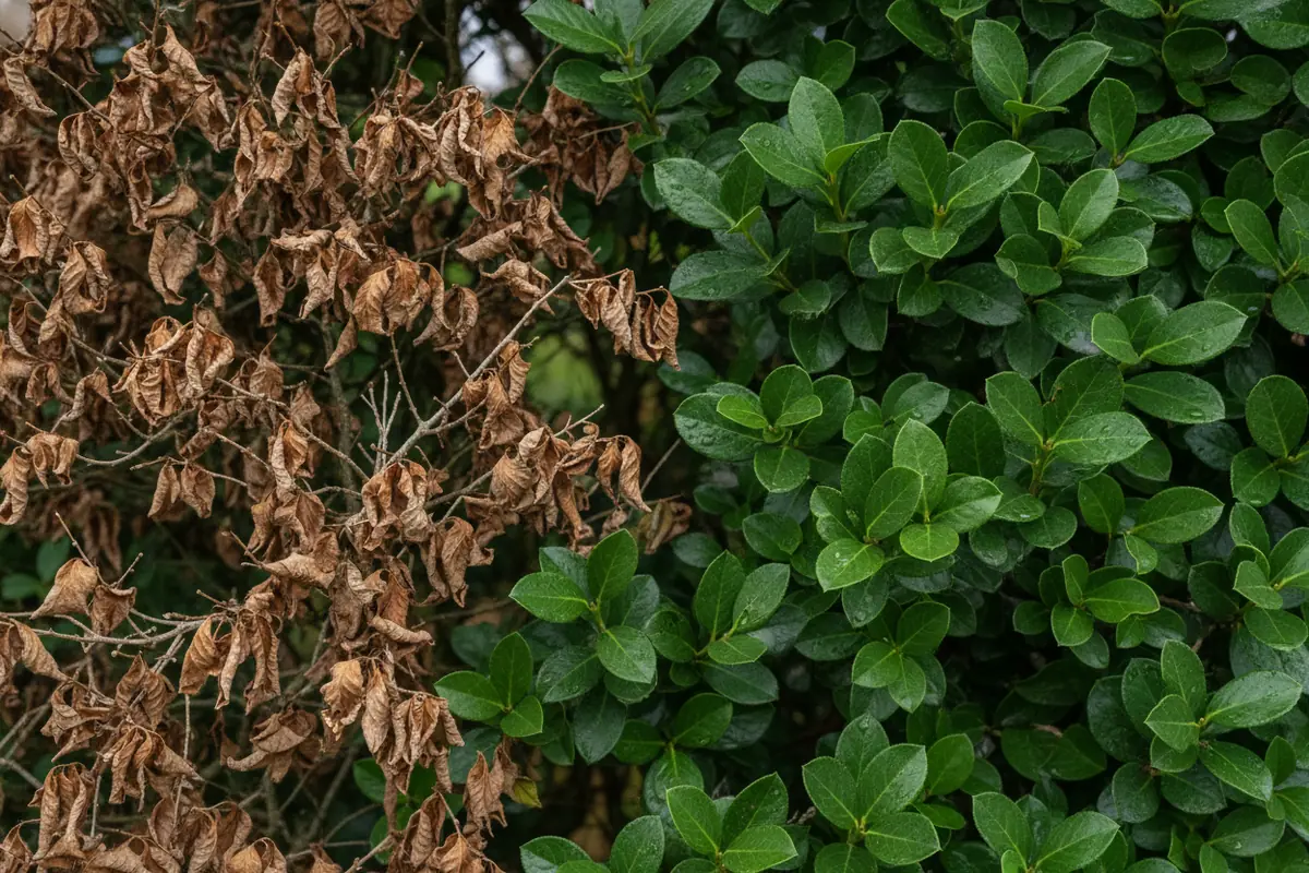Close up of a hedge with browning crispy foliage next to healthy green leaves