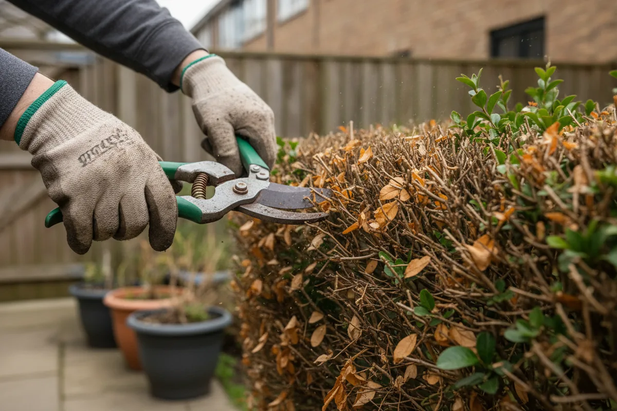 Gloved hands pruning dead brown growth out of a hedge with hand shears
