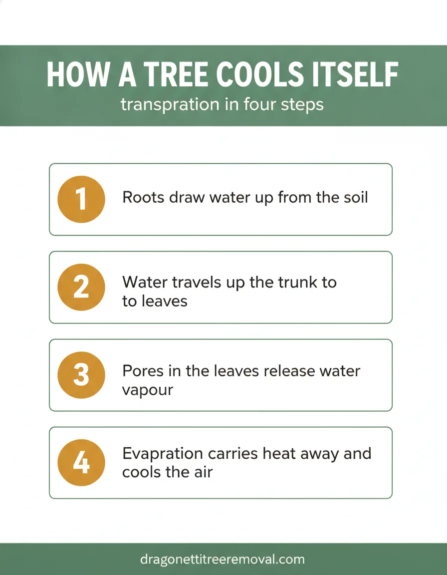 Infographic showing how transpiration moves water up a tree and cools the air in four steps