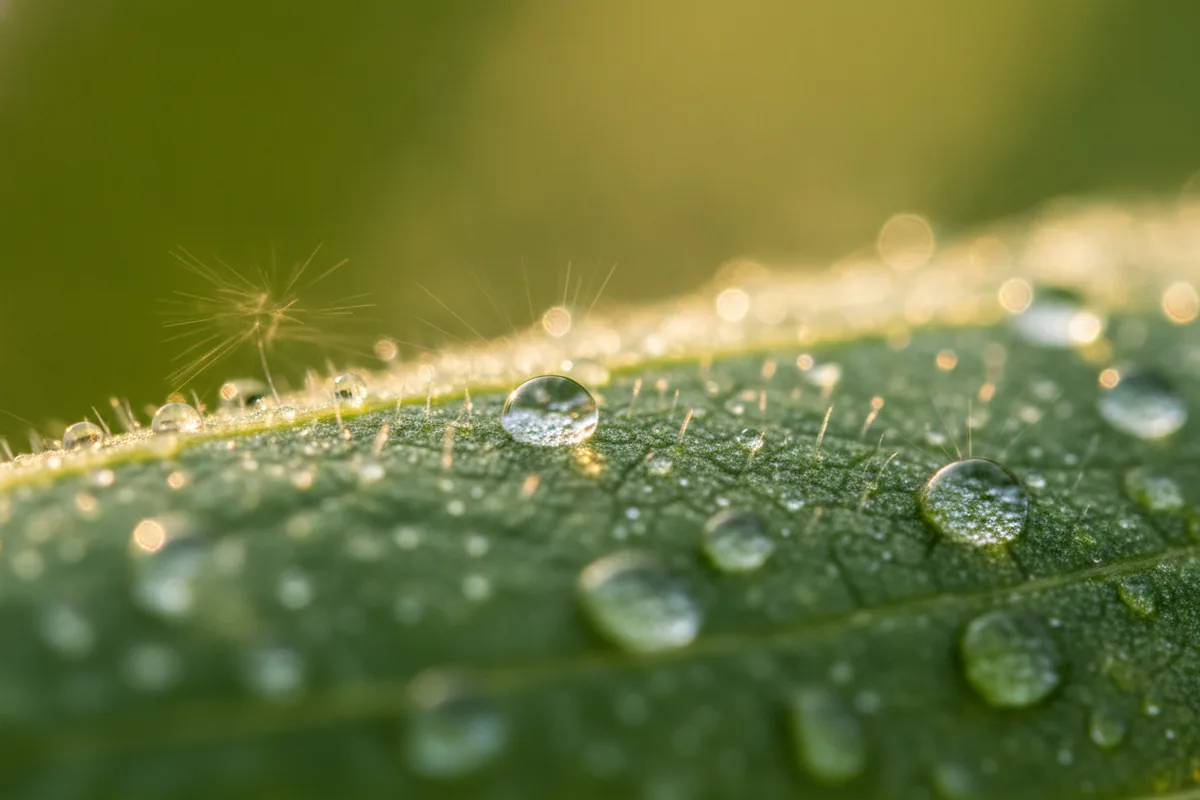Close-up of a leaf releasing water, the transpiration that lets trees cool themselves