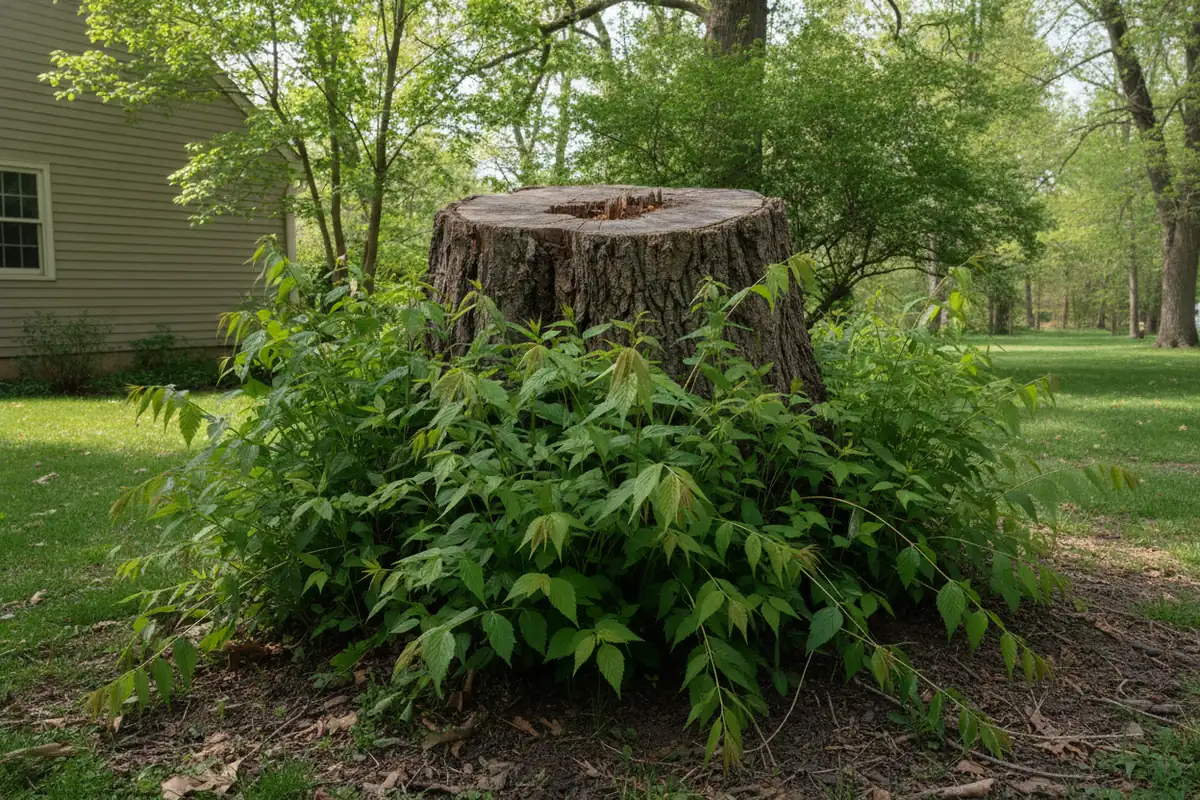 New green shoots sprouting from a tree stump and surrounding soil in a NYC backyard