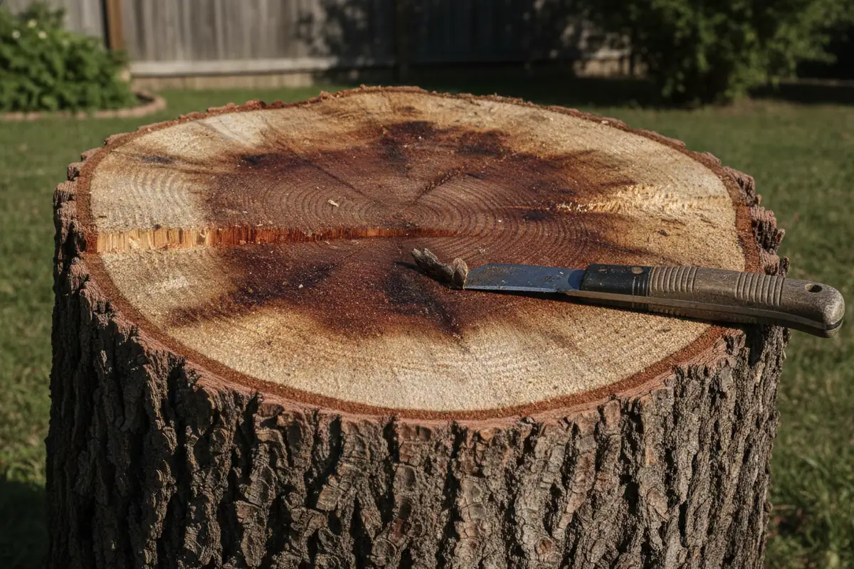 Freshly cut tree stump showing live wood, the kind that can grow back from a stump