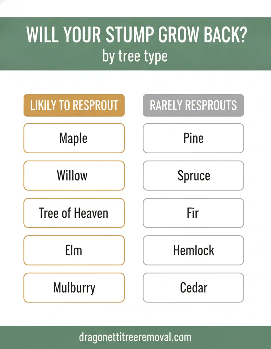Chart of which tree species resprout from a stump versus which rarely grow back