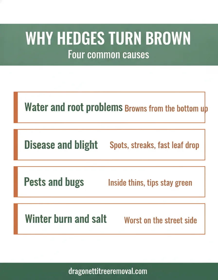 Four reasons hedges turn brown: water problems, disease and blight, pests, winter burn and salt