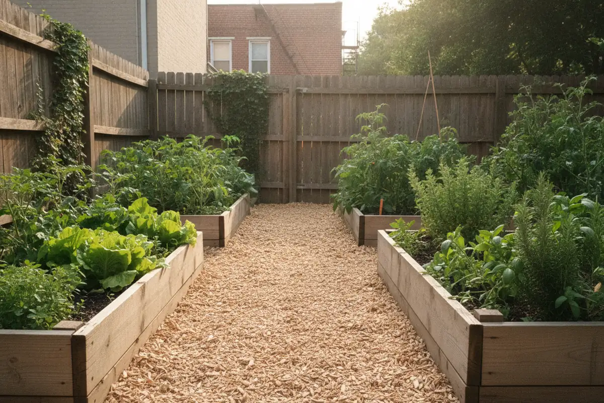 A wood chip garden path running between raised beds in a backyard