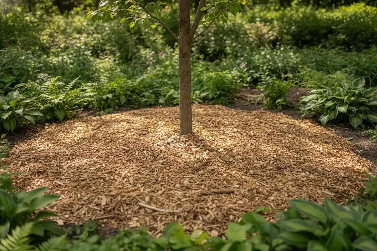 Wood chip mulch spread in a ring around the base of a garden tree