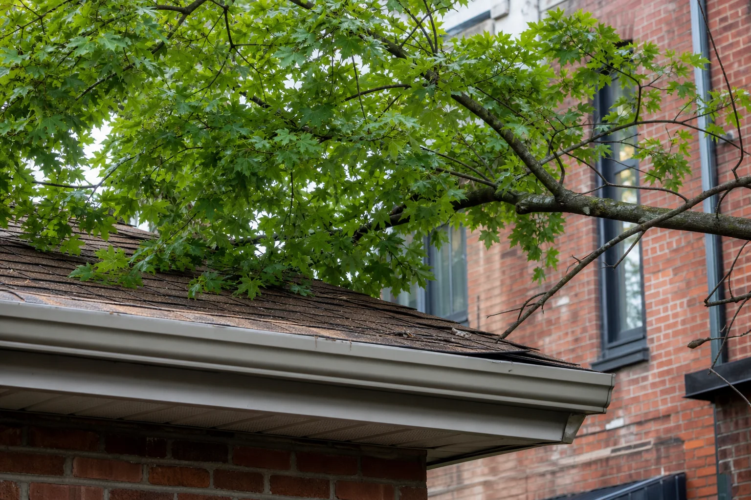 Tree Branches Close To A Roof Gutter On A NYC Home