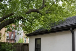 Large Branches Hanging Over A Roof In A New York City Backyard