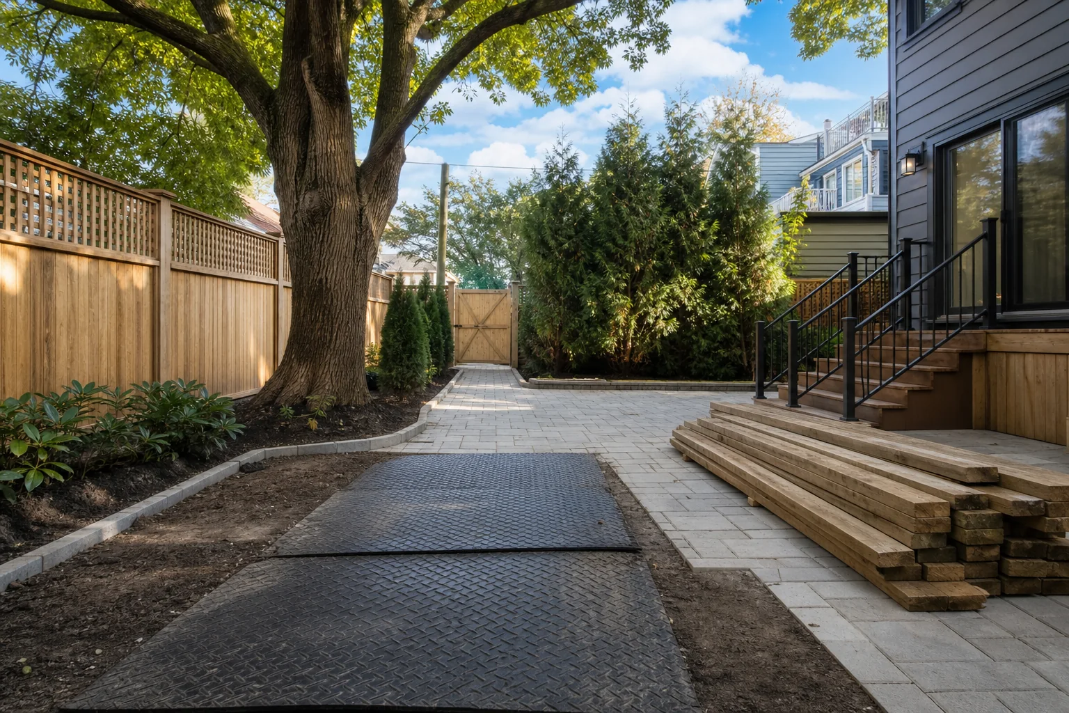 Backyard renovation access path and staging area for tree removal in NYC