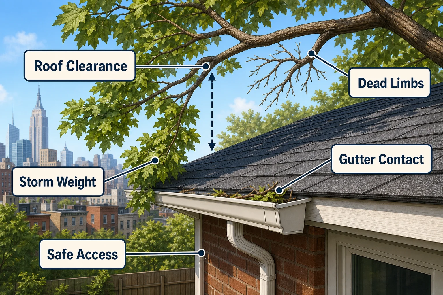 Labeled Explainer Showing Roof Clearance Dead Limbs Gutter Contact Storm Weight And Safe Access