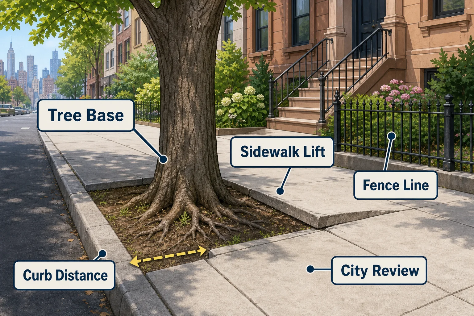 Labeled Explainer Showing Tree Base Sidewalk Lift Curb Distance Fence Line And City Review