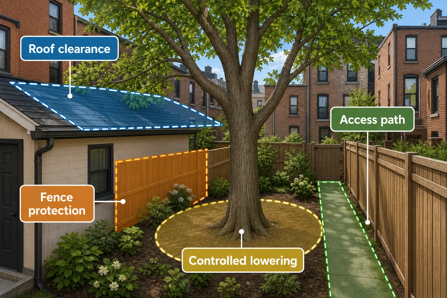Labeled illustration showing roof clearance fence protection access path and controlled lowering