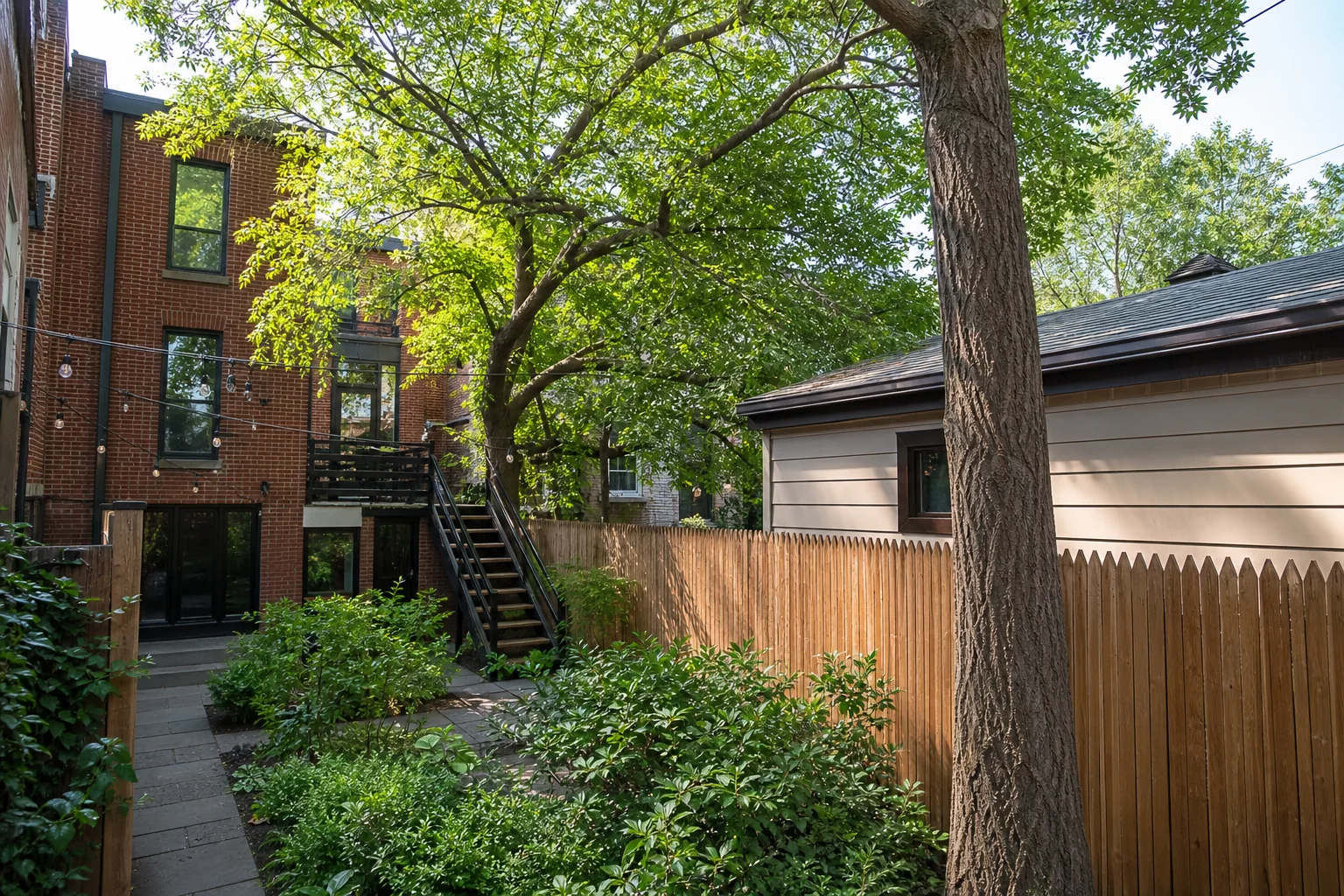 Tight NYC backyard where tree removal planning must account for fences roofs and access