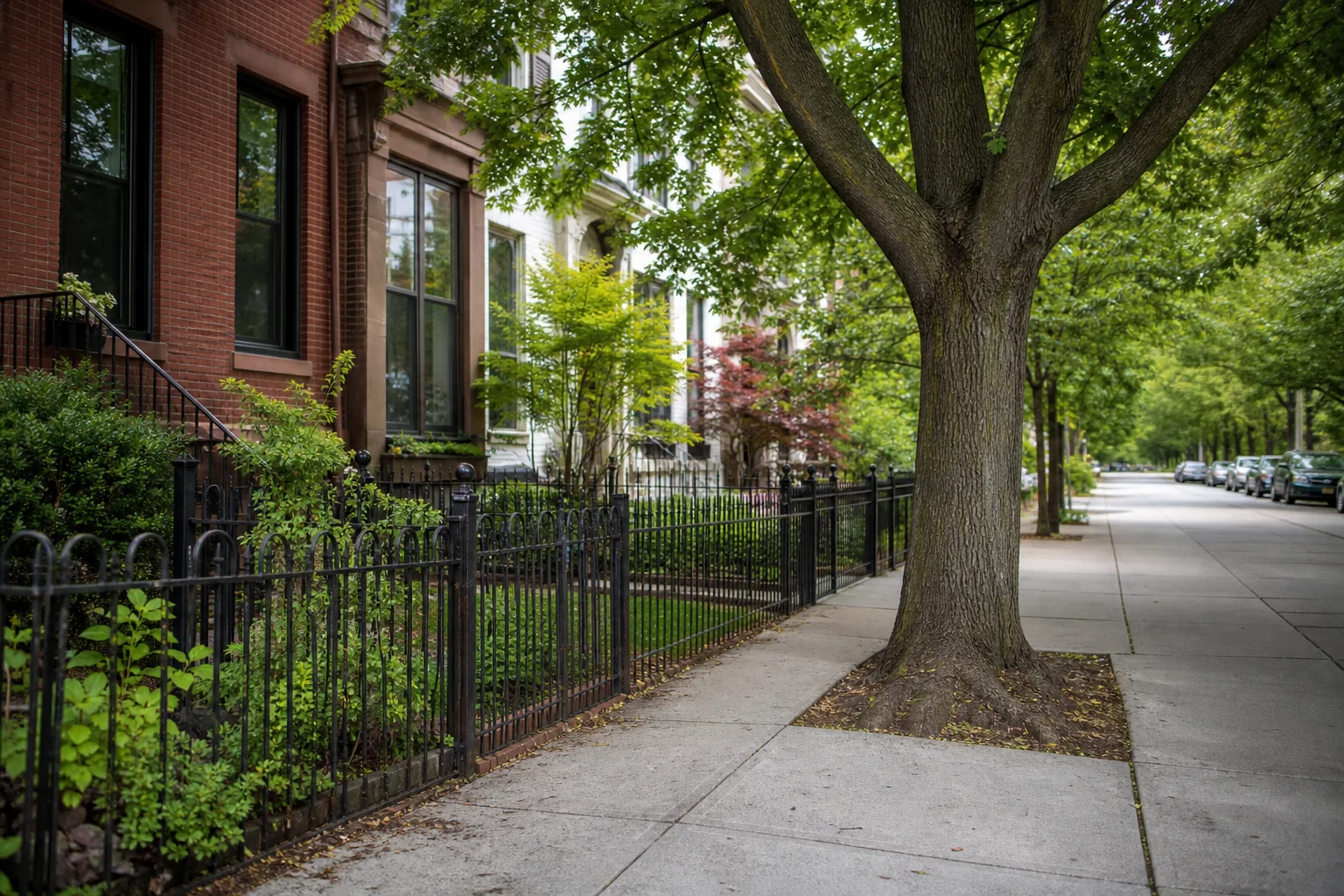 Tree Near A Fence Line And Sidewalk On A NYC Residential Street