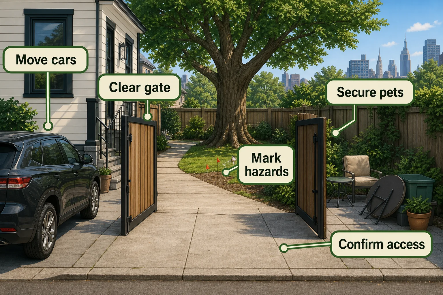 Labeled checklist illustration showing how to prepare before a tree removal crew arrives