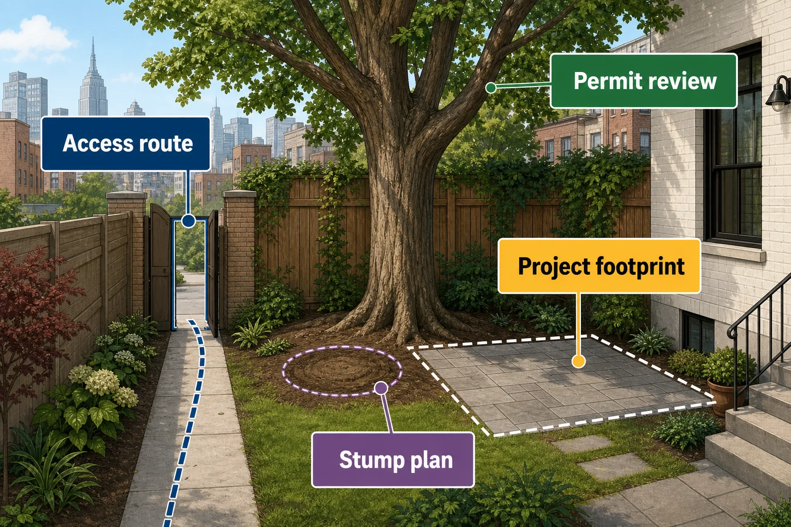 Labeled explainer showing project footprint access route permit review and stump plan