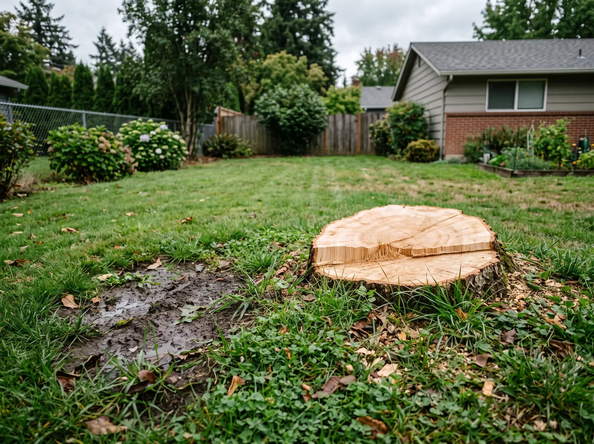 Freshly cut tree stump in a residential yard with a slightly damp low spot nearby