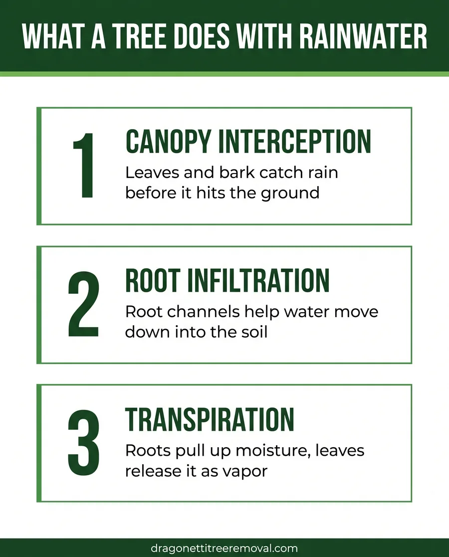 Card graphic explaining how removing a tree changes yard drainage