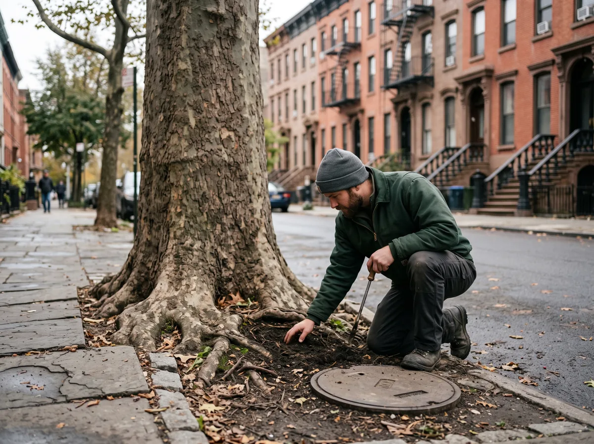 Arborist examining the base of a mature street tree near a Brooklyn sidewalk cleanout