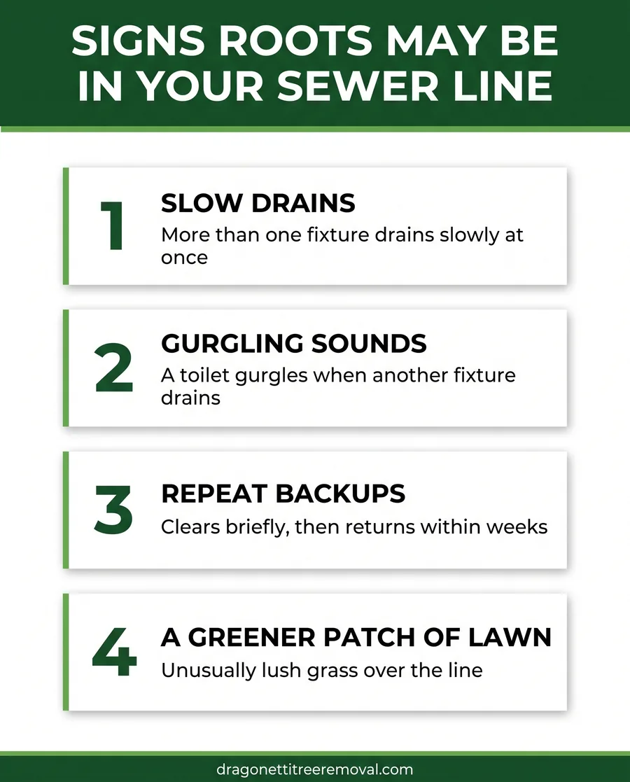 Card graphic listing warning signs of tree roots in a home's sewer line